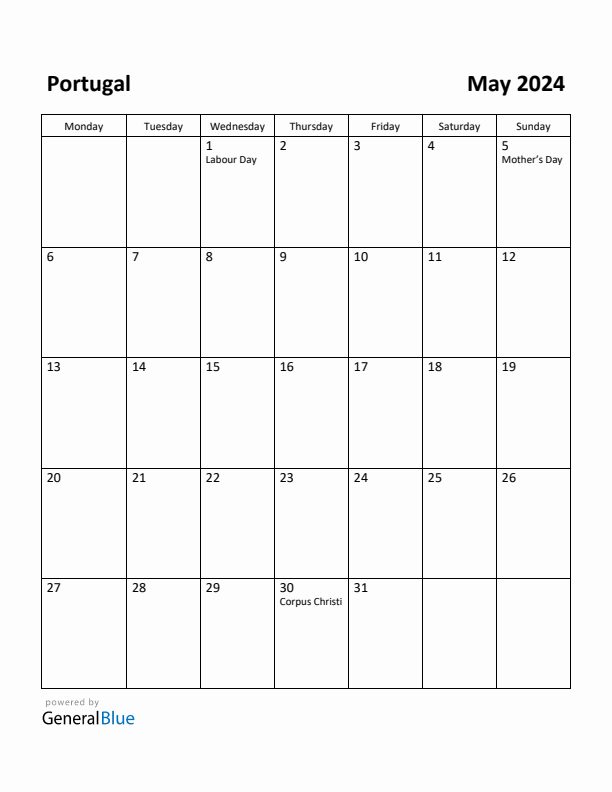 Free Printable May 2024 Calendar for Portugal