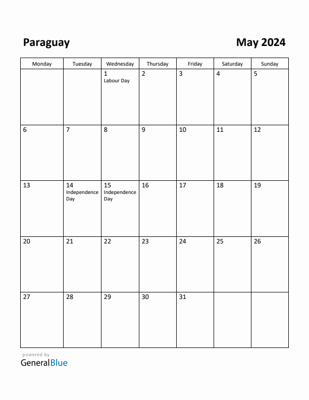 May 2024 Calendar with Paraguay Holidays