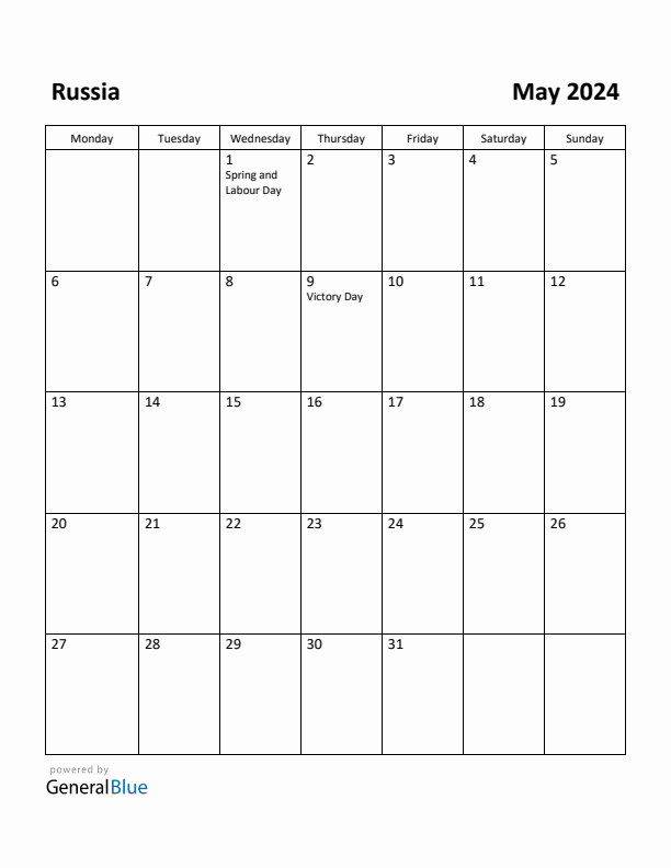 May 2024 Calendar with Russia Holidays