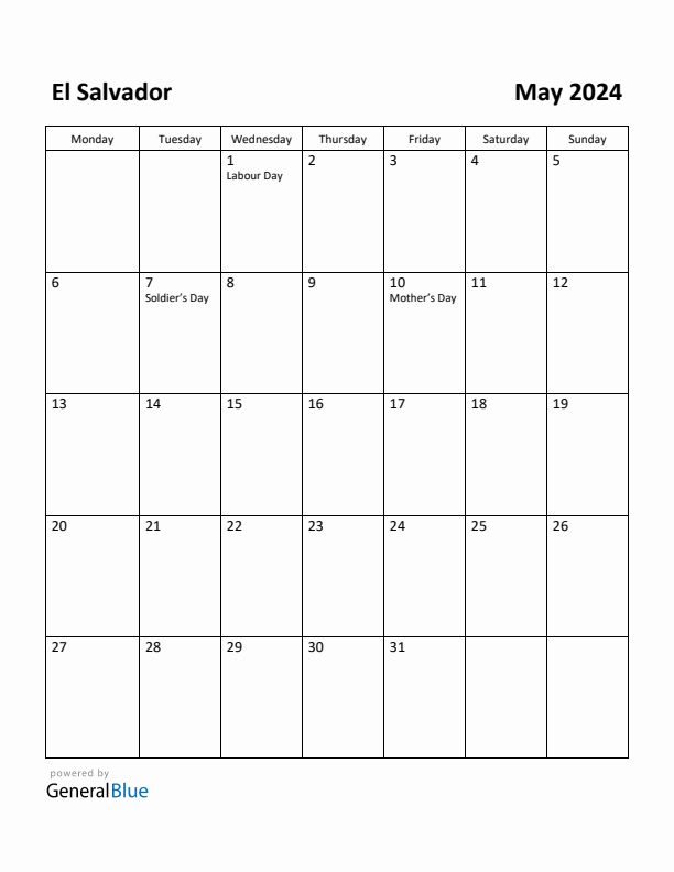 May 2024 Calendar with El Salvador Holidays