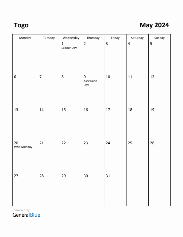 May 2024 Calendar with Togo Holidays