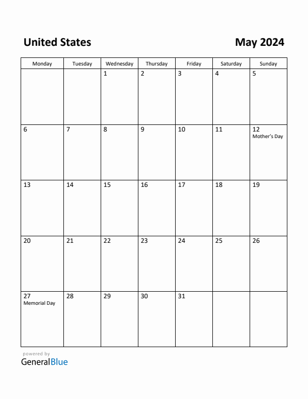 Free Printable May 2024 Calendar for United States