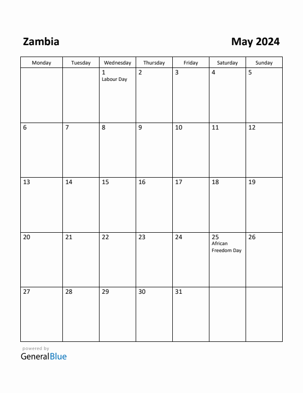 May 2024 Calendar with Zambia Holidays