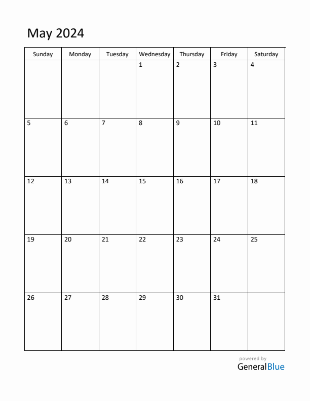 May 2024 Monthly Calendar (PDF, Word, Excel)