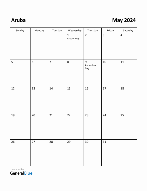 Free Printable May 2024 Calendar for Aruba
