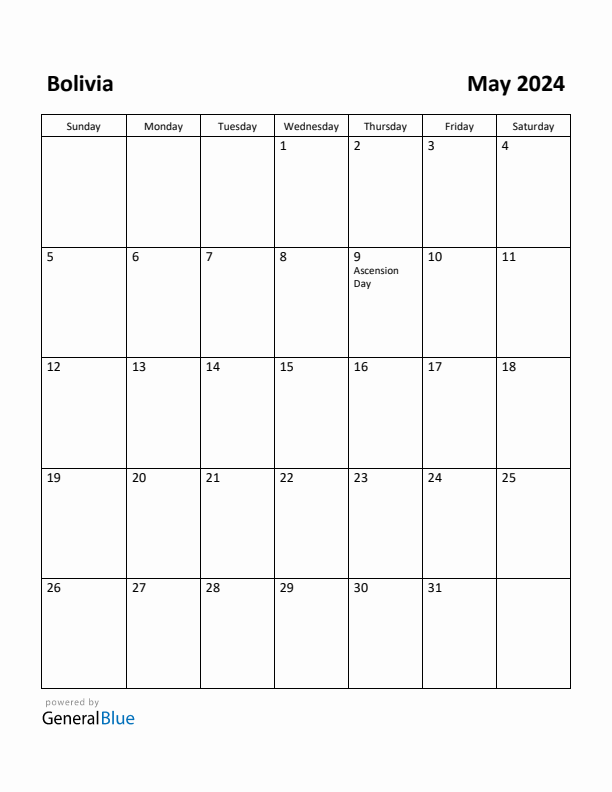 May 2024 Calendar with Bolivia Holidays