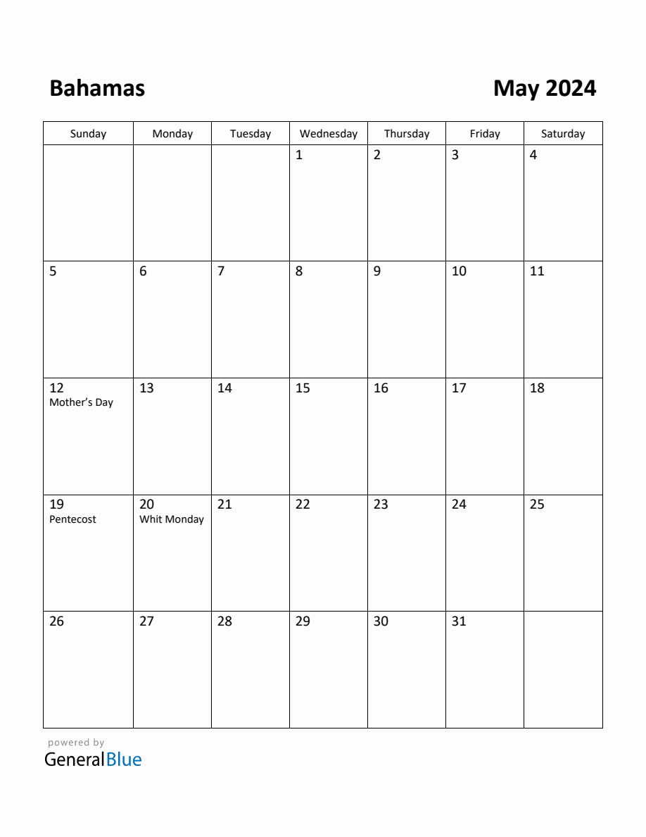 Free Printable May 2024 Calendar for Bahamas