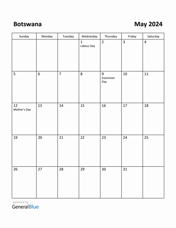 May 2024 Calendar with Botswana Holidays