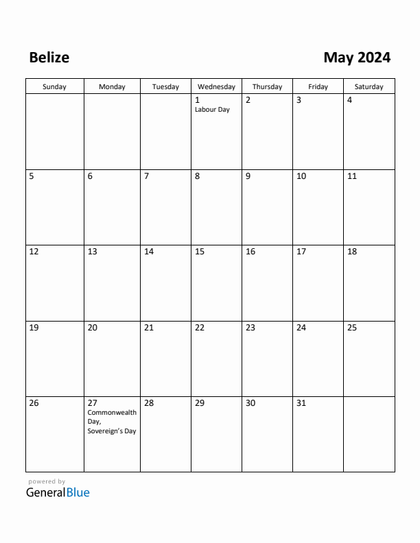 Free Printable May 2024 Calendar for Belize