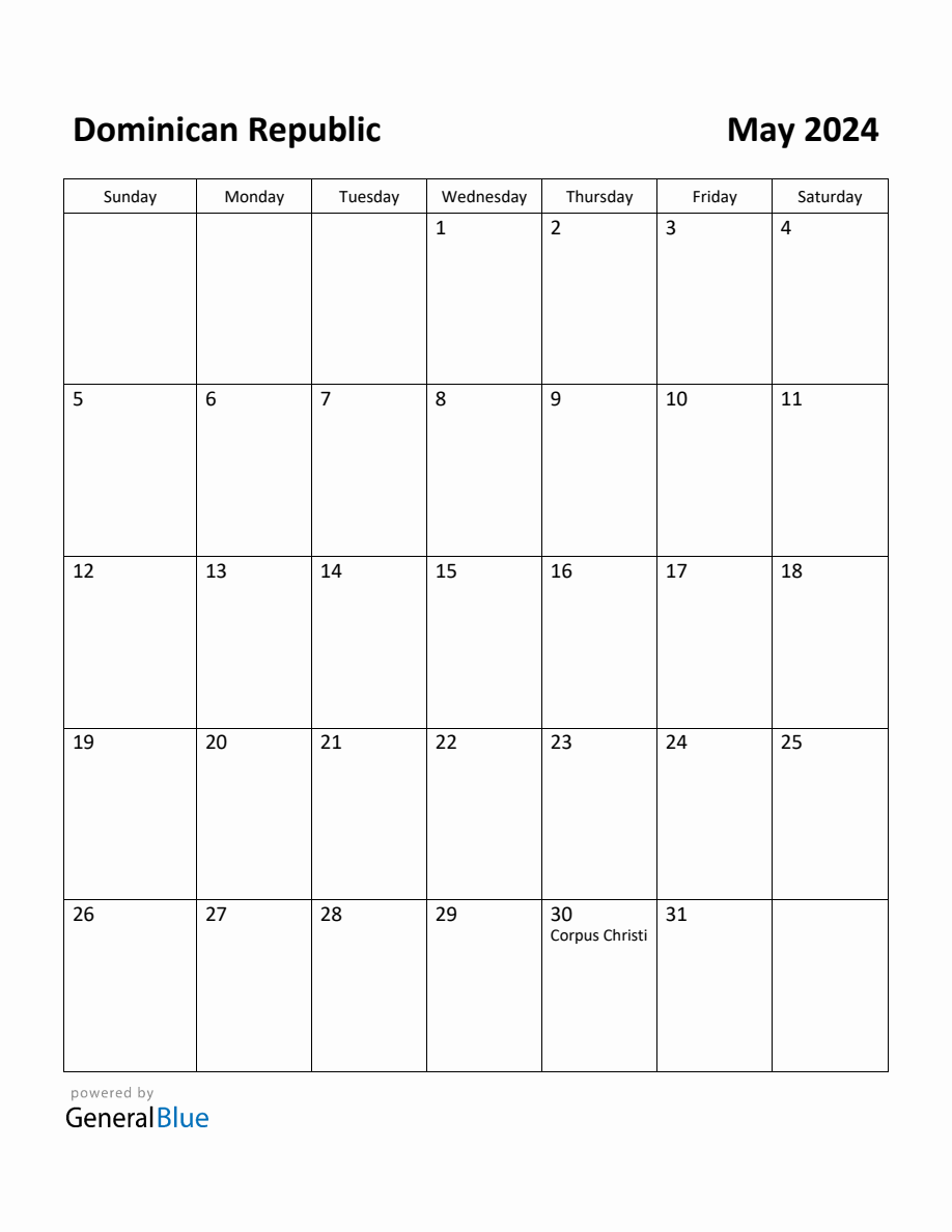 Free Printable May 2024 Calendar for Dominican Republic