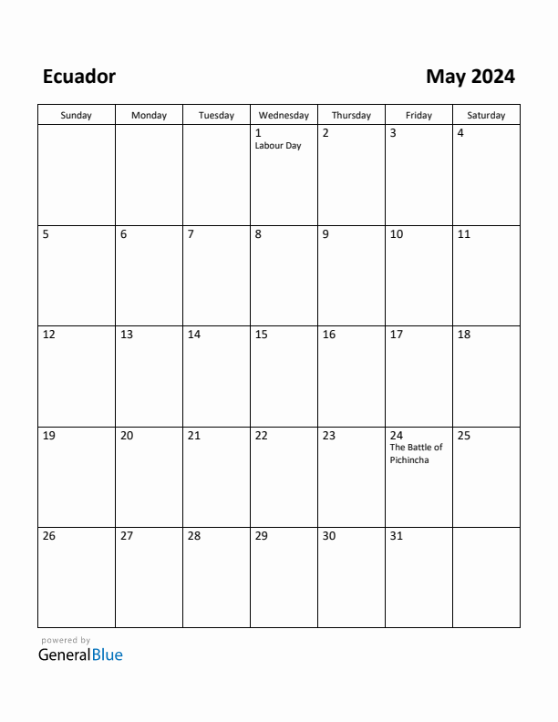 May 2024 Calendar with Ecuador Holidays