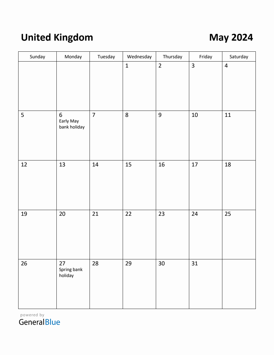 Free Printable May 2024 Calendar for United Kingdom