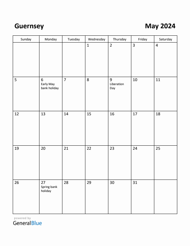 May 2024 Calendar with Guernsey Holidays