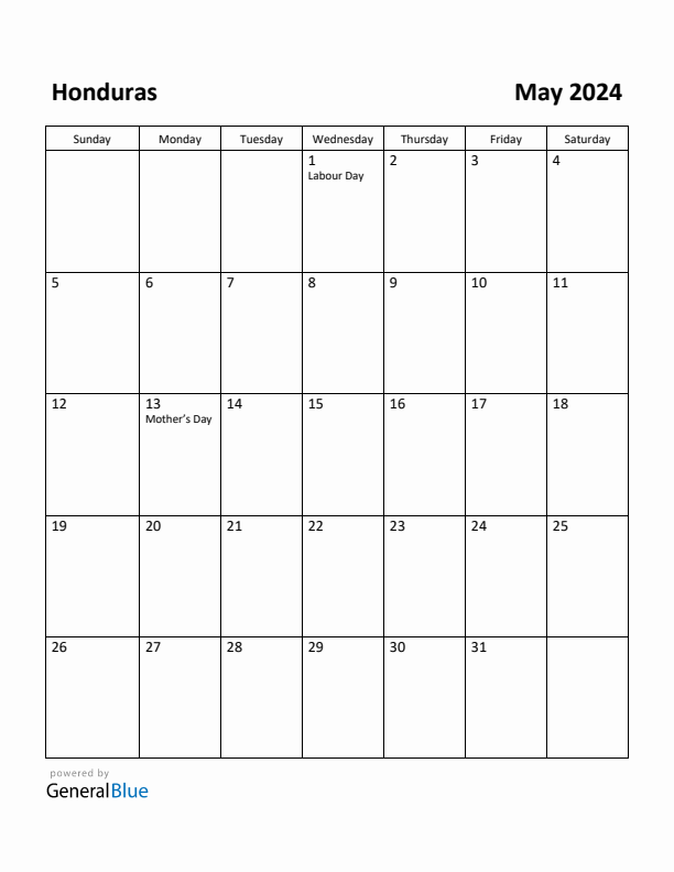 May 2024 Calendar with Honduras Holidays