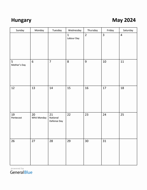 May 2024 Calendar with Hungary Holidays
