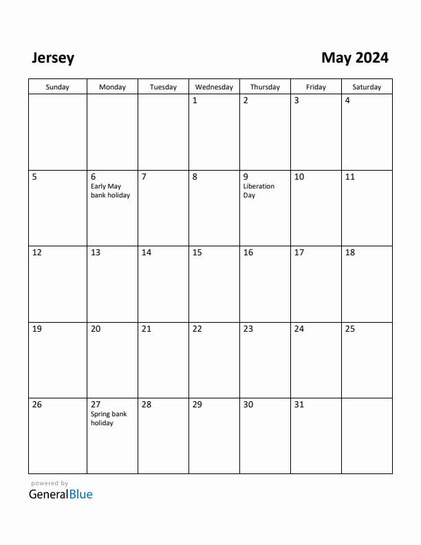Free Printable May 2024 Calendar for Jersey