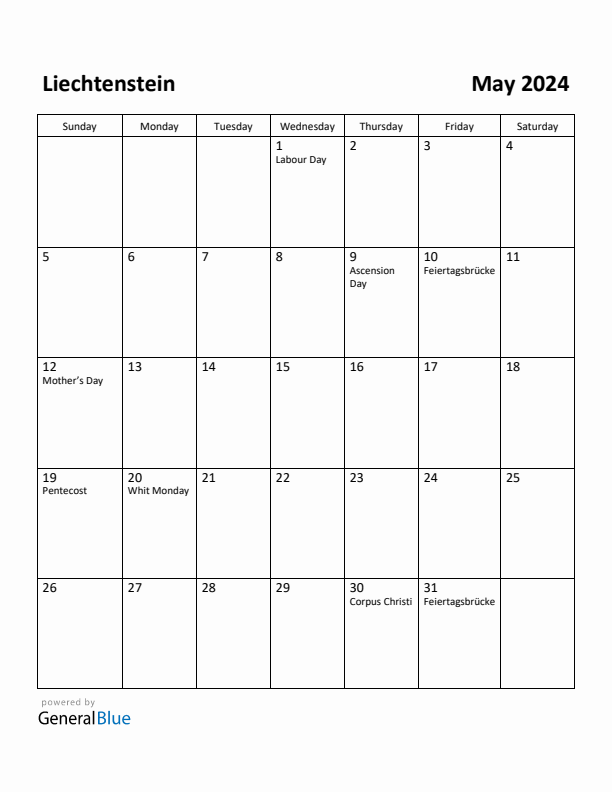 May 2024 Calendar with Liechtenstein Holidays