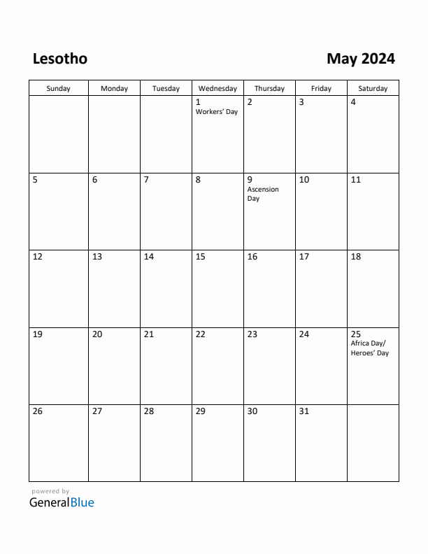 May 2024 Calendar with Lesotho Holidays