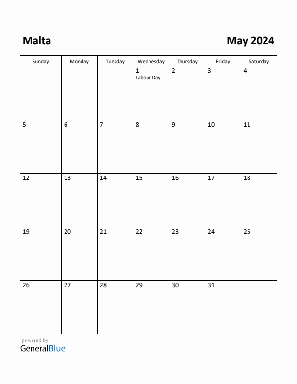 May 2024 Calendar with Malta Holidays