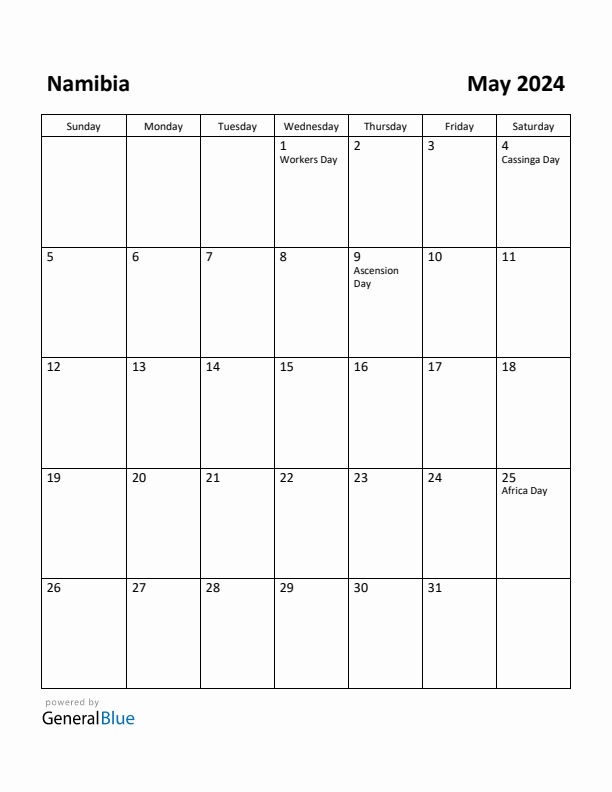 May 2024 Calendar with Namibia Holidays