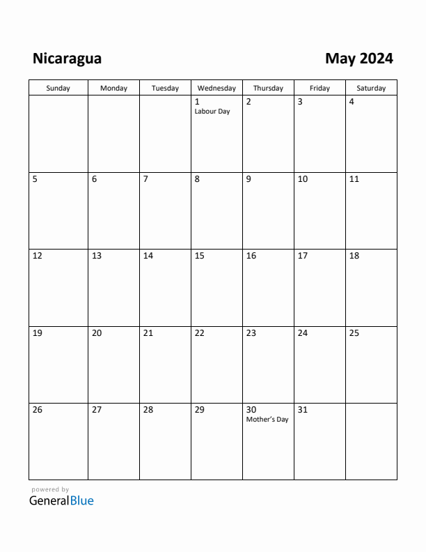 May 2024 Calendar with Nicaragua Holidays