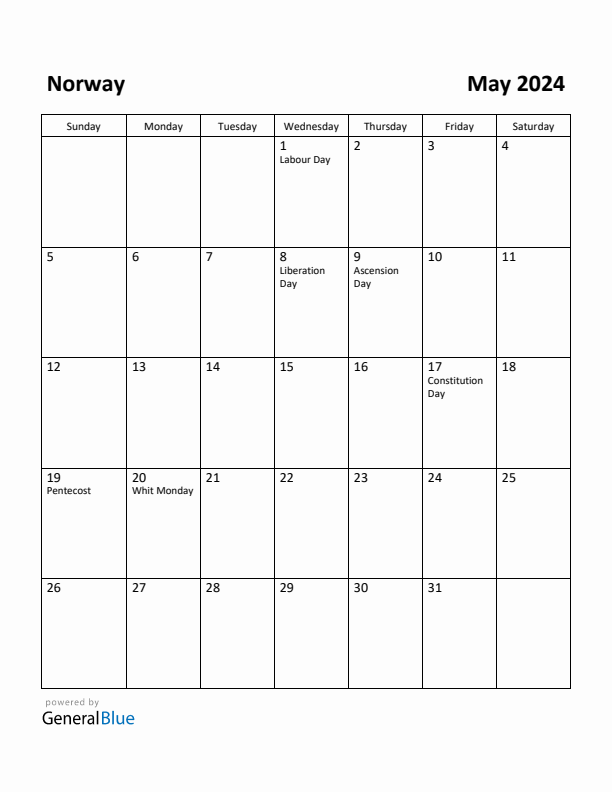 Free Printable May 2024 Calendar for Norway