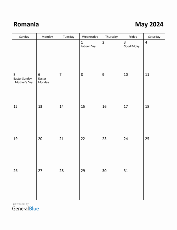 May 2024 Calendar with Romania Holidays