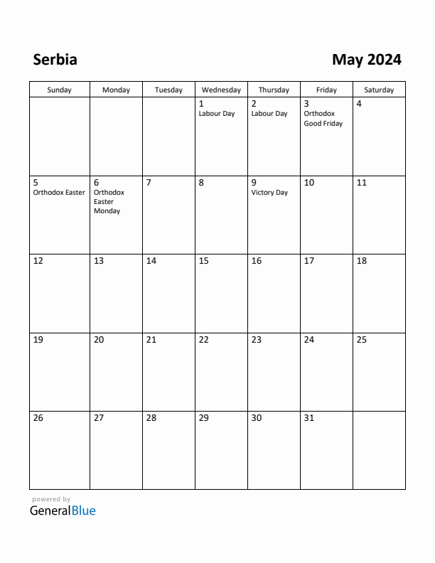 May 2024 Calendar with Serbia Holidays