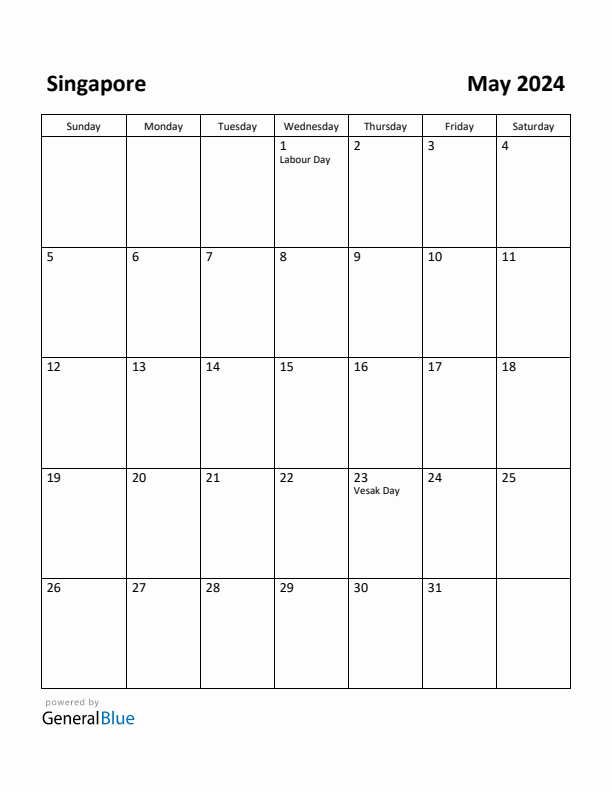 May 2024 Monthly Calendar with Singapore Holidays