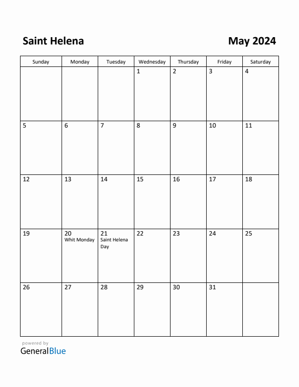 May 2024 Calendar with Saint Helena Holidays
