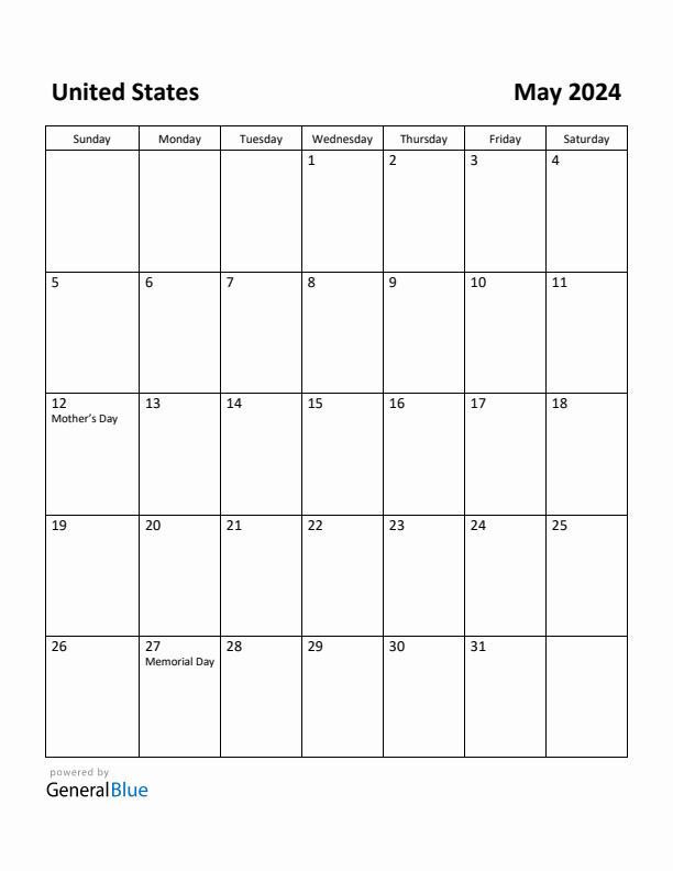 May 2024 Monthly Calendar with United States Holidays