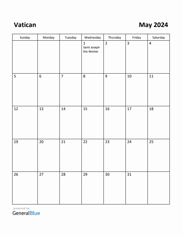 May 2024 Calendar with Vatican Holidays