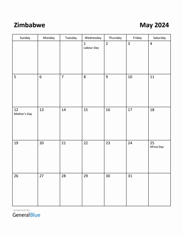 May 2024 Calendar with Zimbabwe Holidays