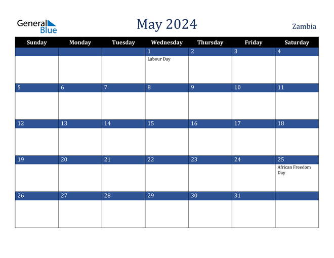 May 2024 Calendar with Zambia Holidays