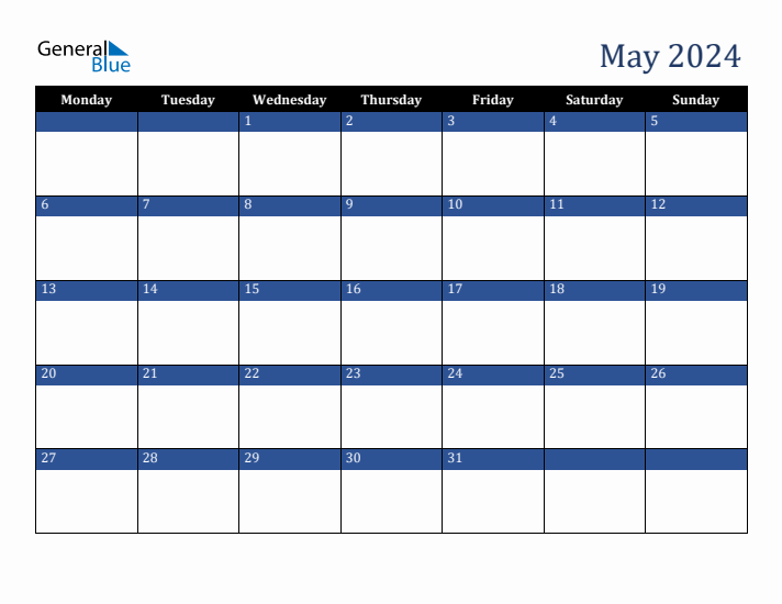 May 2024 Downloadable Monday Start Calendar