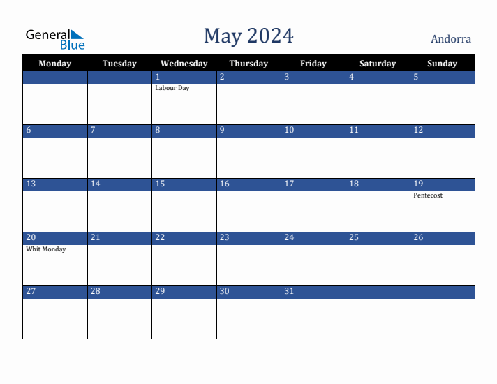 May 2024 Andorra Calendar (Monday Start)