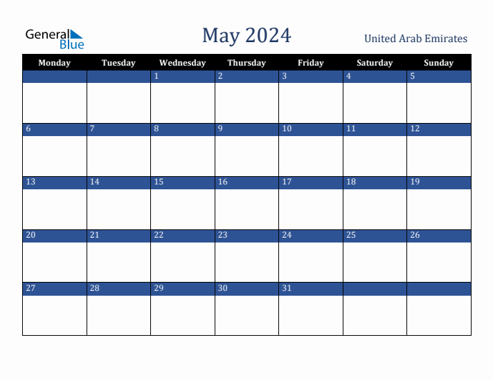 May 2024 United Arab Emirates Calendar (Monday Start)