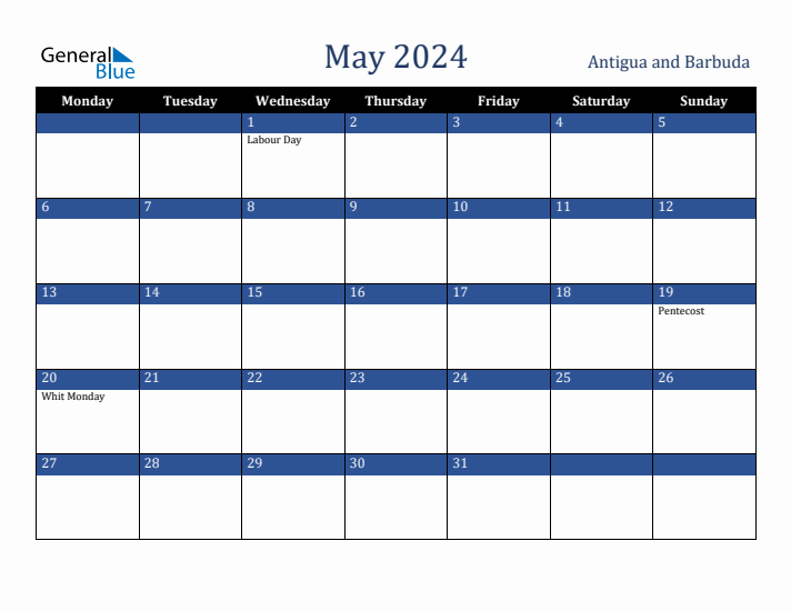 May 2024 Antigua and Barbuda Calendar (Monday Start)