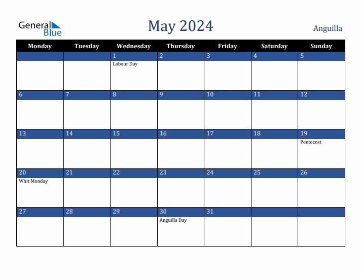 May 2024 Anguilla Calendar (Monday Start)