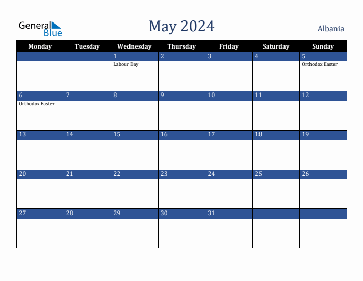 May 2024 Albania Calendar (Monday Start)