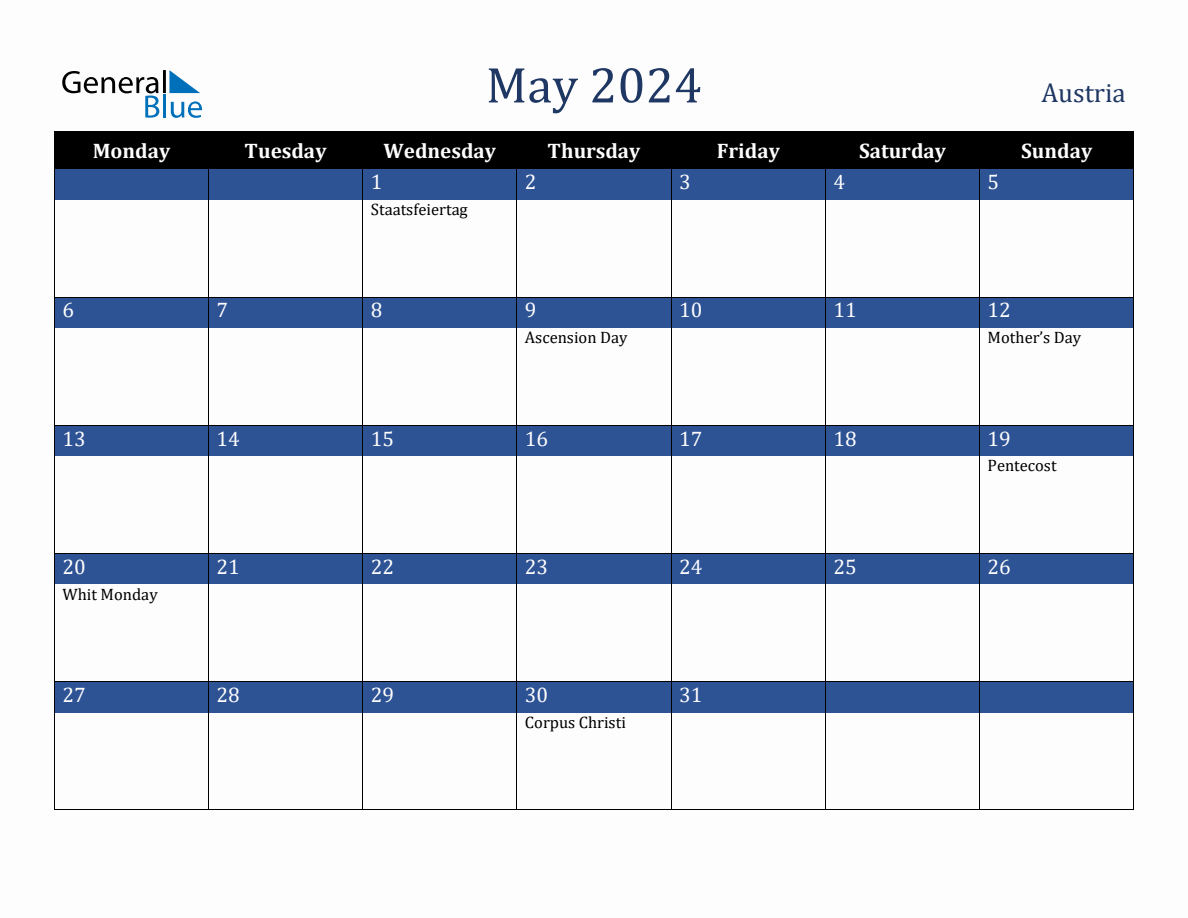 May 2024 Austria Holiday Calendar