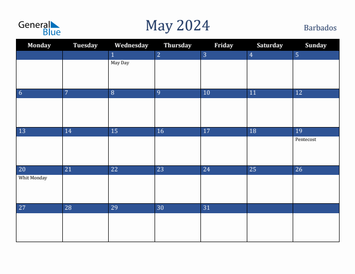 May 2024 Barbados Calendar (Monday Start)