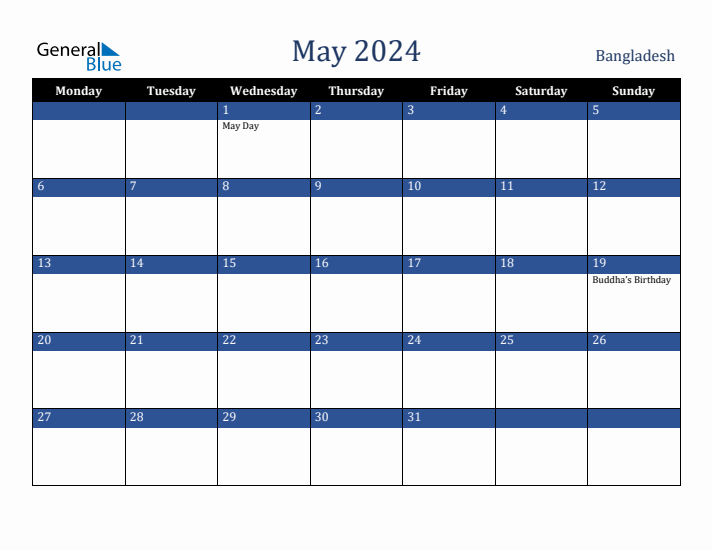 May 2024 Bangladesh Calendar (Monday Start)
