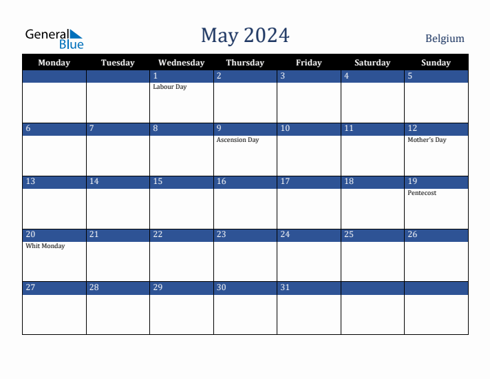 May 2024 Belgium Calendar (Monday Start)