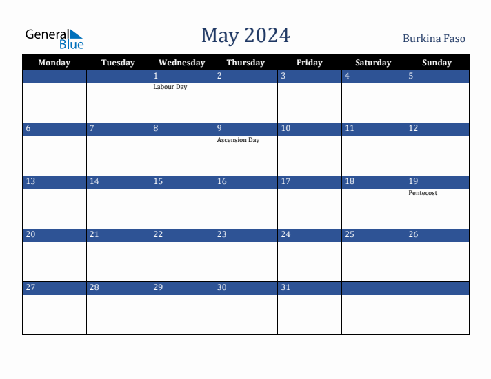 May 2024 Burkina Faso Calendar (Monday Start)