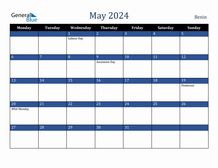 May 2024 Benin Calendar (Monday Start)