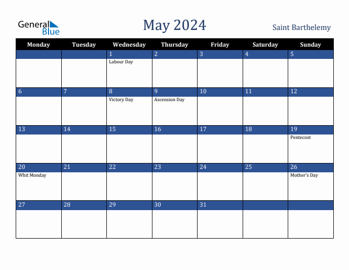 May 2024 Saint Barthelemy Calendar (Monday Start)