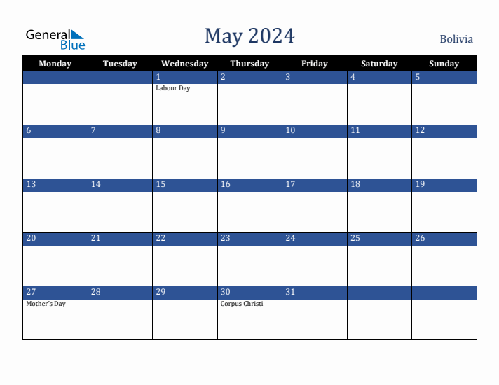 May 2024 Bolivia Calendar (Monday Start)