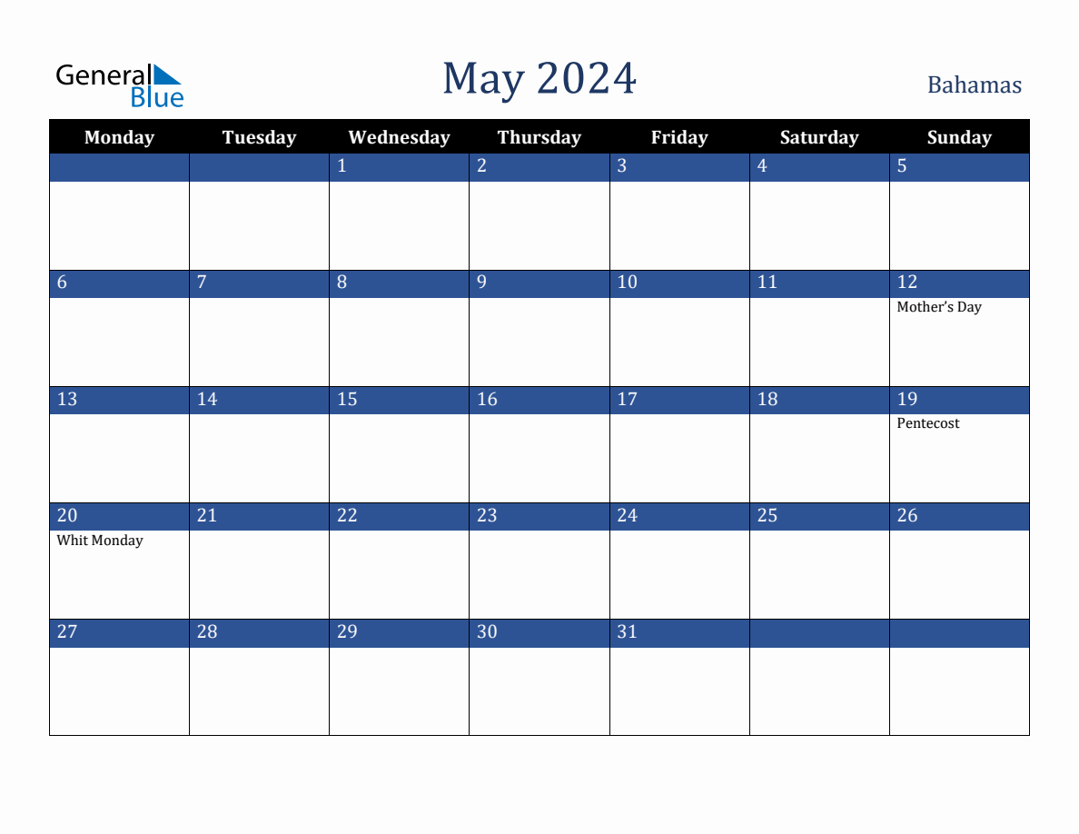 May 2024 Bahamas Holiday Calendar