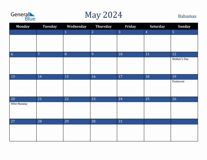 May 2024 Bahamas Calendar (Monday Start)